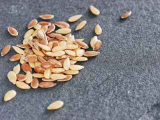 Golden and brown flax seed with copy space
