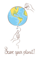 Save your planet / Vector illustration of planet Earth in a form a balloon, which pierce the needle