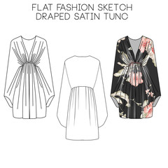 Flat fashion technical sketch - Draped satin tunic
