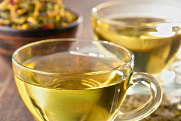 Composition with cup of tea and bowls of tea leaves