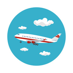 Naklejka na ściany i meble Airplane Flying in the Sky among the Clouds to the West, Travel and Tourism Concept , Air Travel and Transportation, Vector Illustration
