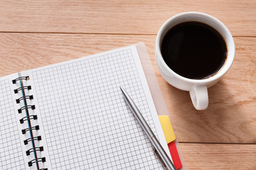 Office supplies, writing concept on wood background