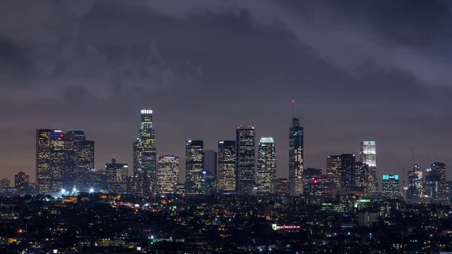 Downtown Los Angeles Rain Storm Dark Clouds Day To Night Sunset Timelapse