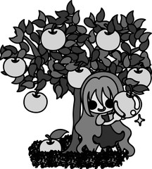 A cute little girl and the tree of delicious pears
