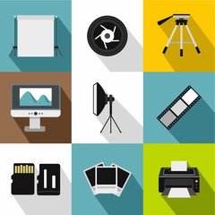 Photographing icons set, flat style