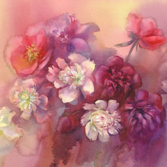 bouquet of violet and white peonies watercolor - 133495921