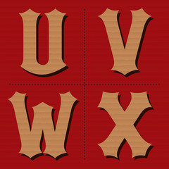 Cardboard alphabet western letters vintage design vector (u, v,