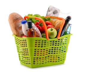 Plastic shopping basket with assorted grocery products