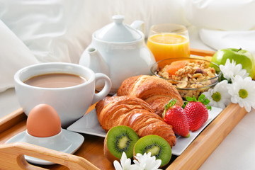 Breakfast tray in bed in hotel room