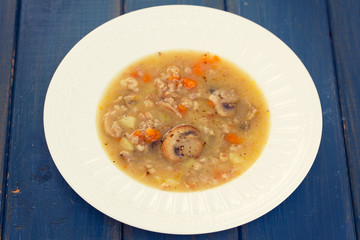 mushroom soup on white plate