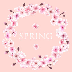 Fototapeta na wymiar Spring wreath with cherry blossoms. Place for text.