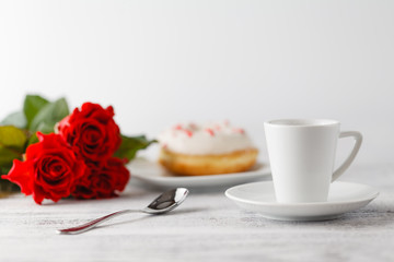 Valentines day breakfast serving with red roses