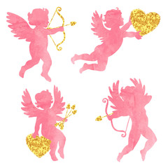 Set of watercolor angels. Cute cupids silhouettes. Valentines Day design. Vector illustration.
