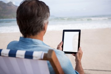 Rear view of man using digital tablet on beach