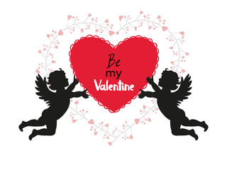 Valentines Day card design with cute Cupids. Vector romantic illustration.