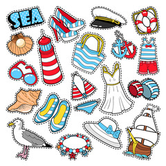 Sea Vacation Woman Fashion Elements and Clothes for Scrapbook, Stickers, Patches, Badges. Vector Doodle