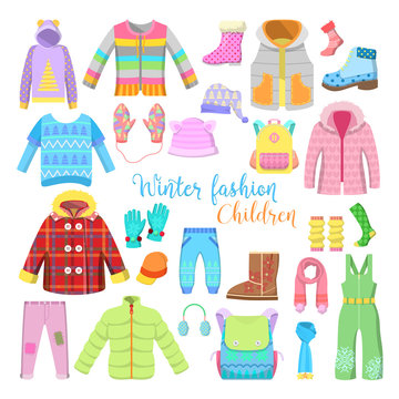 Children Winter Clothes and Accessories Collection with Jackets, Hats and Sweaters. Vector illustration