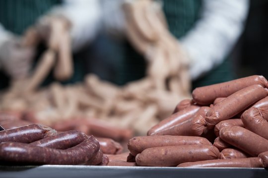 Sausages at meat factory