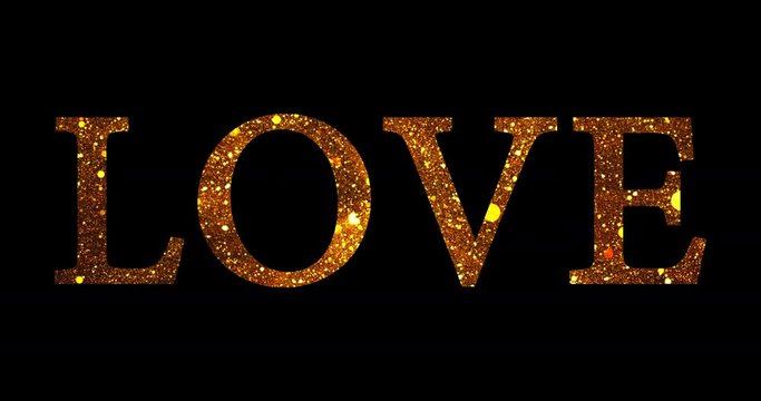 gold glitter sparkle particles love word shape on black background, holiday festive valentine day love concept