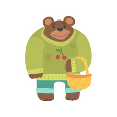 Brown Bear In Sweater With Wicker Basket, Forest Animal Dressed In Human Clothes Smiling Cartoon Character