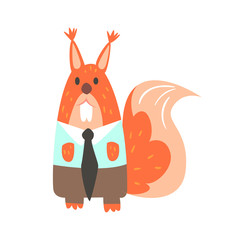 Squirrel In Office Clothes With Tie, Forest Animal Dressed In Human Clothes Smiling Cartoon Character
