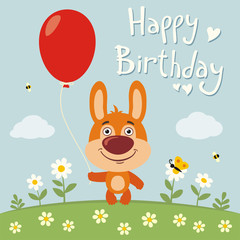 Obraz na płótnie Canvas Happy birthday! Funny bunny rabbit with red balloon on flower meadow. Birthday card with bunny rabbit in cartoon style.