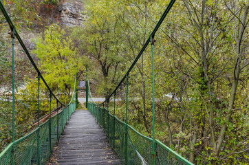 Obraz premium Catenary bridge over river Iskar in the autumn, Iskar defile, Lakatnik, Bulgaria 