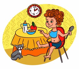 Little boy sits in a highchair, eating porridge, milk and an apple