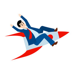 Success in business icon. Start up. Businessman is flying on the rocket up