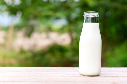 bottle of milk on wooden table with nature background.
