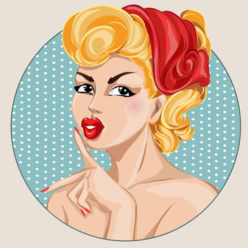 Pin-up sexy woman portrait with finger on her lips. Silence Gesture girl hand drawn vector illustration