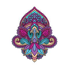 Vector ornamental Lotus flower, ethnic art, patterned Indian paisley. Hand drawn illustration. 