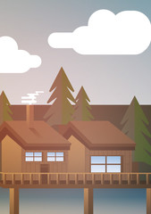 Cabin in Woods Near a Lake - Vector Illustration