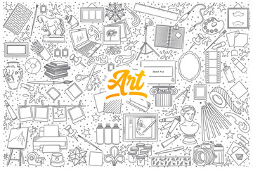 Hand drawn set of Art doodles with yellow lettering in vector