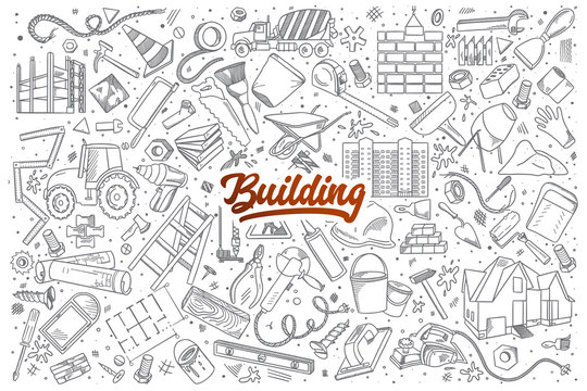 Hand drawn set of Building doodles with red lettering in vector