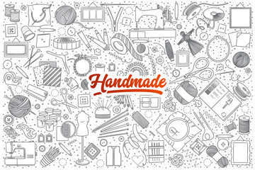 Hand drawn set of handmade doodles with red lettering in vector