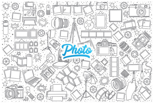 Hand drawn set of photo doodles with blue lettering in vector