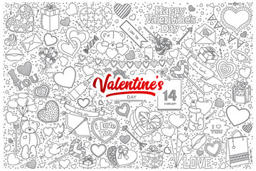 Hand drawn set of Valentine's day doodles with red lettering in vector