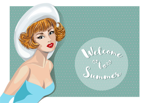 Pin-up sexy woman with welcome sign. Pop-Art girl hand drawn vector illustration