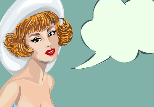 Pin-up sexy woman with speech bubble. Pop-Art girl hand drawn vector illustration