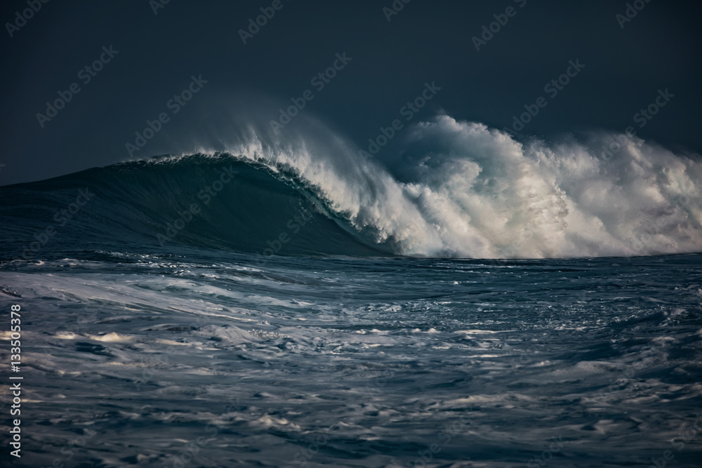 Wall mural huge waves crashing in ocean. seascape environment background. water texture with foam and splashes.