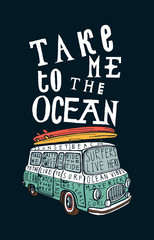 tame to the ocean. vintage blue van with pink and yellow surfboards on it print.