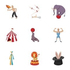 Circus chapiteau icons set, cartoon style