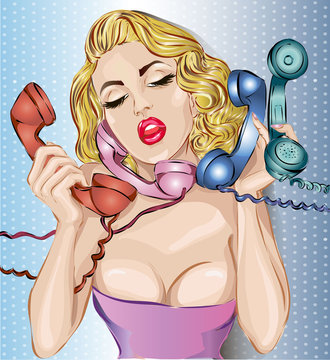 Sexy Pin-up woman with phones answers the calls. Vector illustration