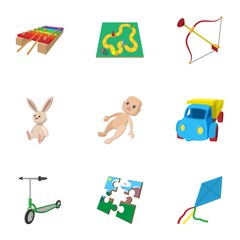 Child play icons set, cartoon style