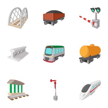 Railway icons set, cartoon style