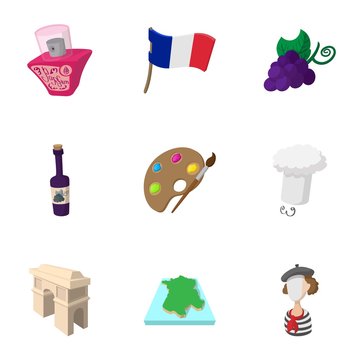 Stay in France icons set, cartoon style