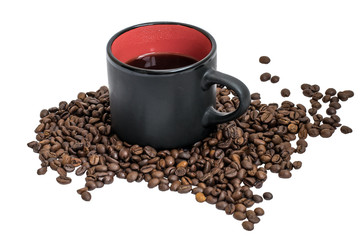 Black cup of coffee on coffee beans. Isolated background