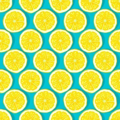 Foto op Plexiglas Geel schijfjes citroen blauwe achtergrond naadloze patroon