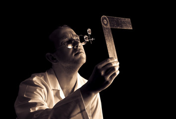 Portrait of young and attractive doctor in retro glasses on the